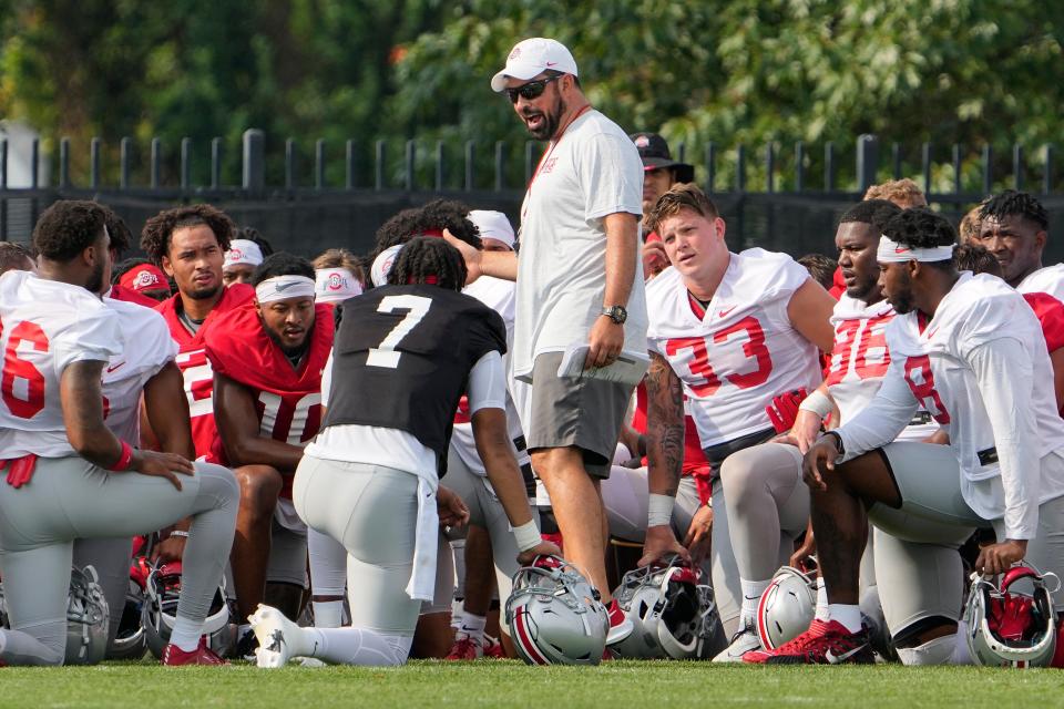 Aug 4, 2022; Columbus, OH, USA;  Ohio State Buckeyes head coach Ryan Day addresses his team at the start of the first fall practice at the Woody Hayes Athletic Center. Mandatory Credit: Adam Cairns-The Columbus Dispatch