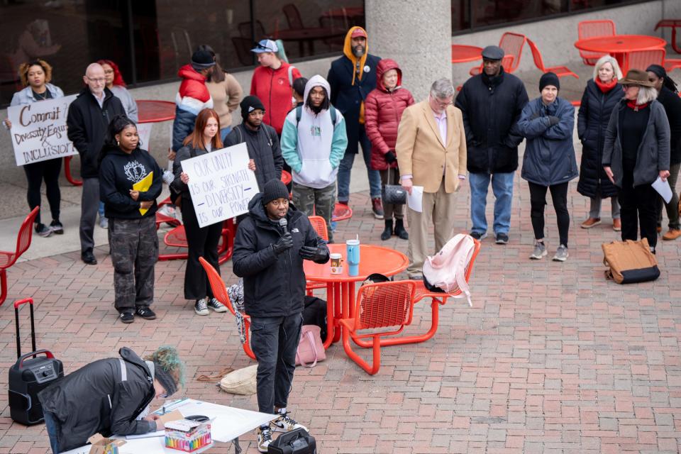 Dr Ricky Jones speaks during a rally held by University of Louisville students to protect diversity, equity, and inclusion (DEI) on their campus on Monday, March 18, 2024.