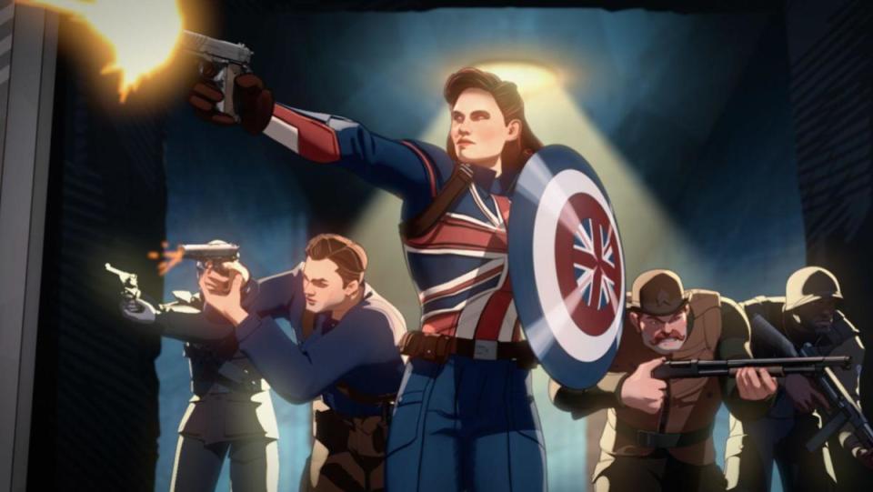 Captain Carter and the Howling Commandos break through a door as Captain Carter holds a shield with the union jack on it