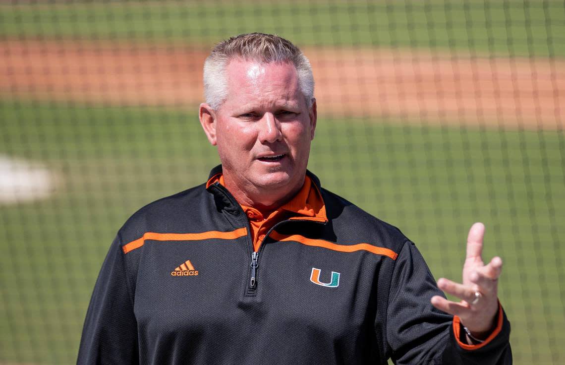 Gino DiMare, the head coach for the Miami Hurricanes baseball team, speaks to reporters during media day at Mark Light Field on Tuesday, Feb. 14, 2023, in Coral Gables, Fla.