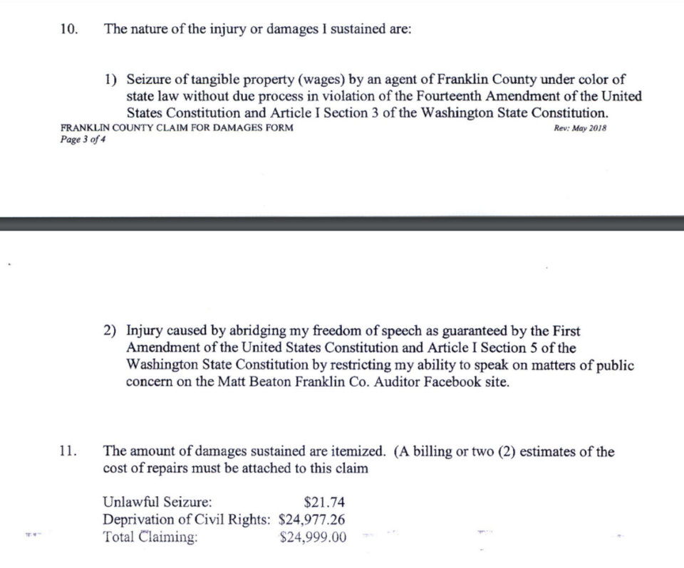 This portion of Franklin County Sheriff Jim Raymond’s complaint lays out his request for damages from the county and auditor Matt Beaton.