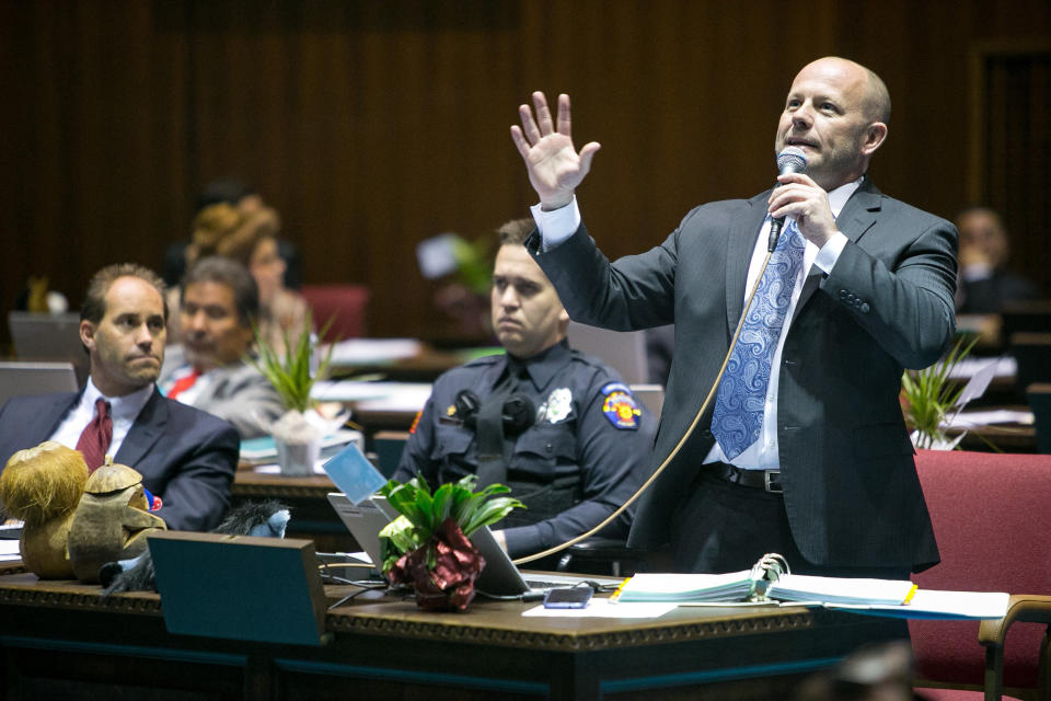 House Minority Leader Chad Campbell, (D) Phoenix, argues that House Bill 2153 would discriminate against gays and others on the House Floor in Phoenix on Thursday, Feb. 20, 2014. House Bill 2153, written by the conservative advocacty group Center for Arizona Policy and the Christian legal organization Alliance Defending Freedom, would allow individuals to use religious beliefs as a defense in a lawsuit filed by another individual. (AP Photo / The Arizona Republic, Michael Schennum) ***MARICOPA COUNTY OUT - NO MAGS- NO SALES - MANDATORY CREDIT***