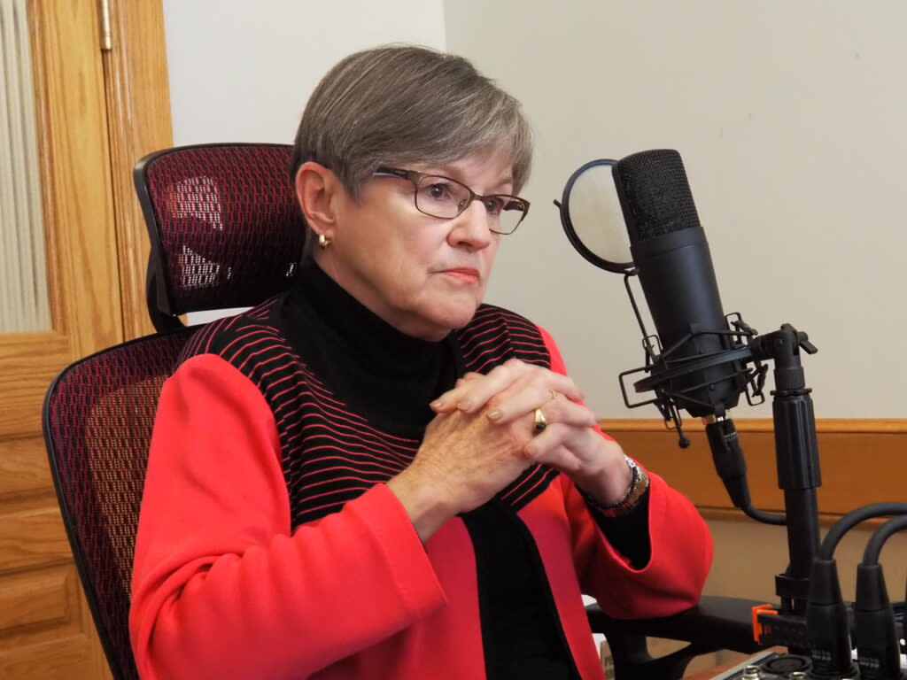 Gov. Laura Kelly advocates for Medicaid expansion during a Kansas Reflector podcast. (Rachel Mipro/Kansas Reflector)