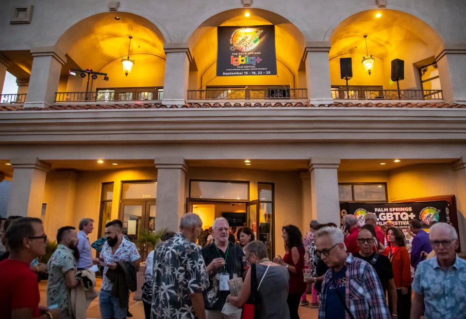 A crowd gathers outside ahead of the premier of ÒBrosÓ to kick off Cinema Diverse at the Palm Springs Cultural Center in Palm Springs, Calif., Thursday, Sept. 15, 2022. 