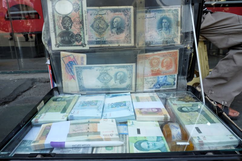 A man displays the Iranian currency at Ferdowsi square in Tehran