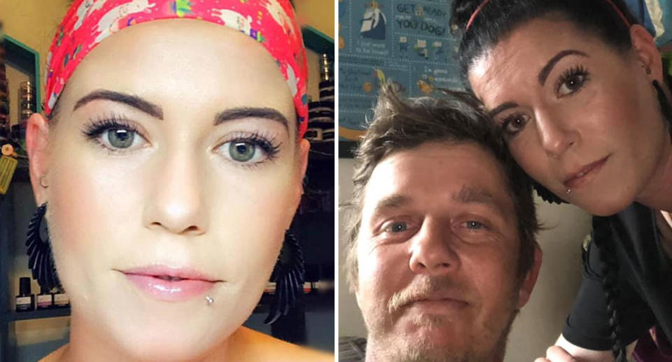 A Queensland mum, who died after a two-week battle with the flu, pictured on the left and right with her husband.