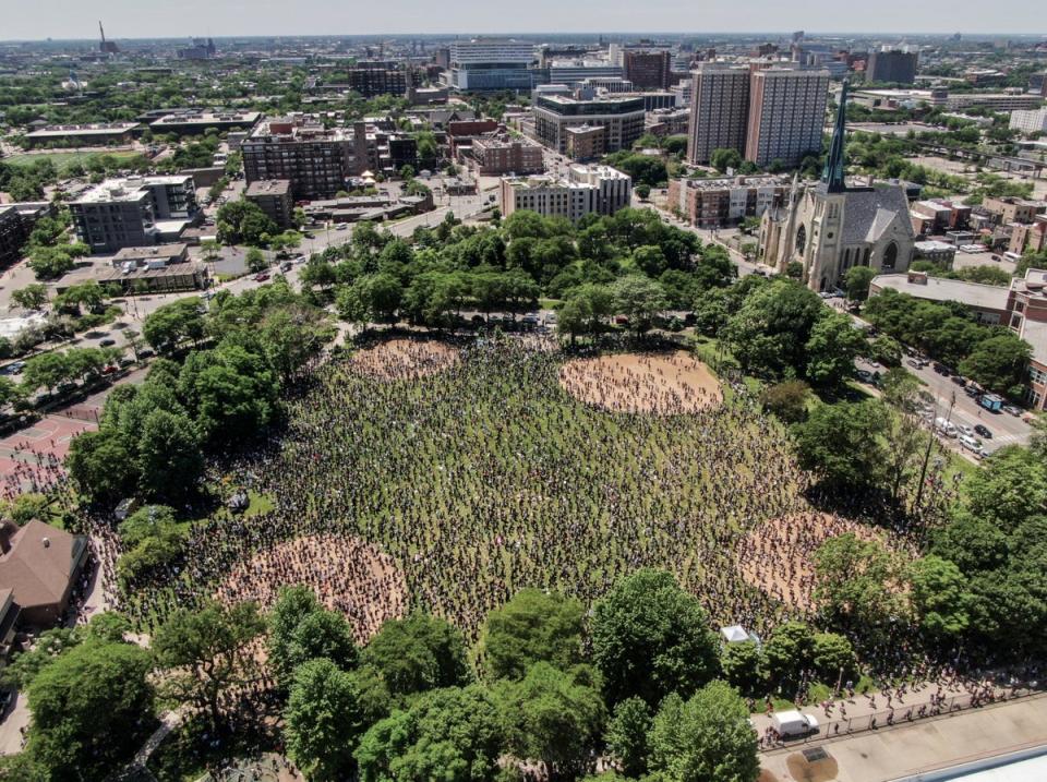 An aerial photo made with a drone shows a large group gathered in Union Park to protest the arrest of George Floyd, who later died in police custody, in Chicago, Illinois (EPA)