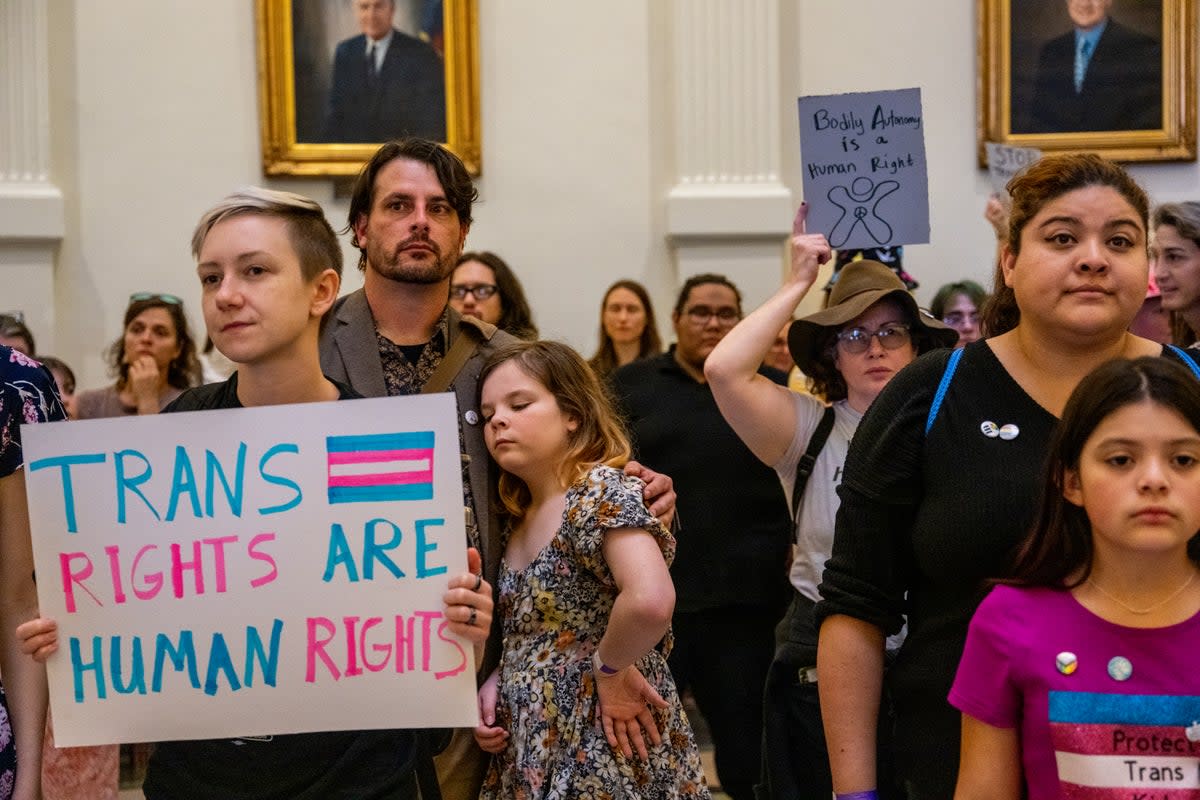 Transgender rights demonstrators protest inside the Texas state capitol in 2023. (Getty Images)