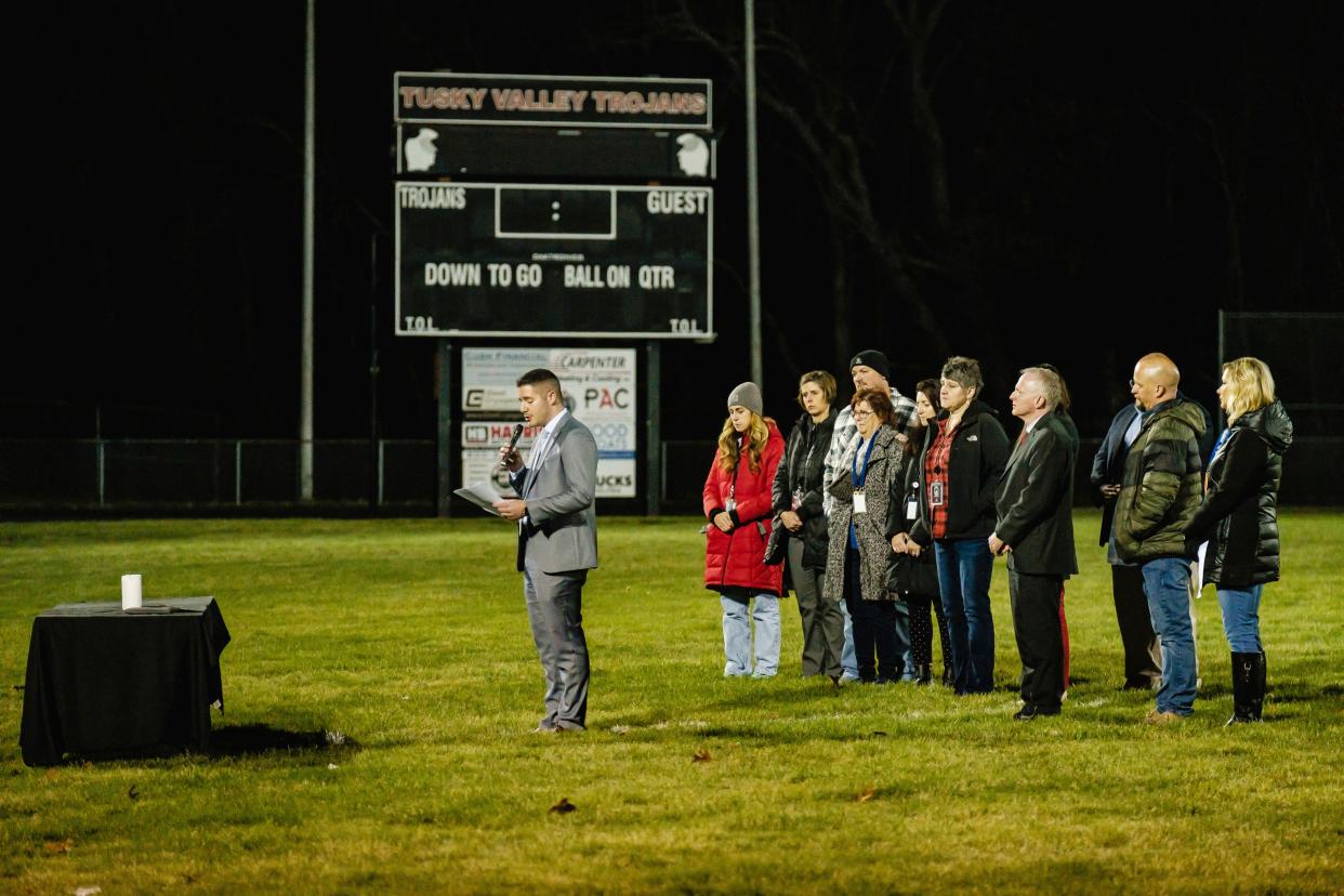 Derek Varansky, superintendent of Tuscarawas Valley School, speaks during a community prayer vigil, Tuesday, Nov. 14, 2023, at the football stadium in Zoarville, Ohio. (AP)