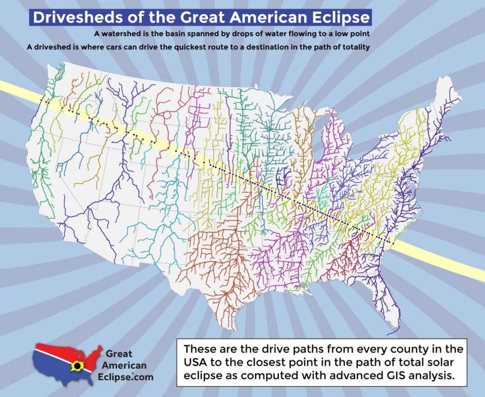這張地圖提供了如何開車到達觀察日全食理想地點的公路路線。（Michael Zeiler/GreatAmericanEclipse.com; ArcGIS/Esri）