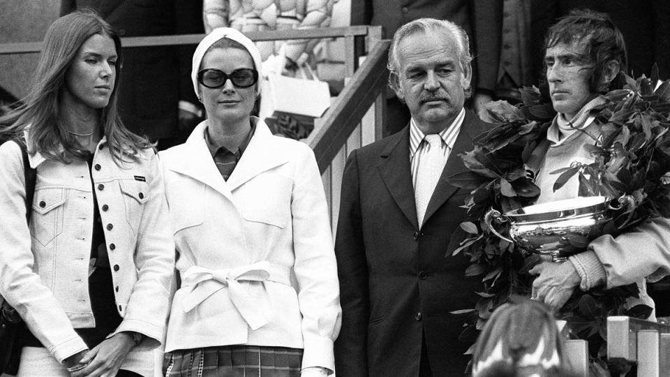 Monaco's Princess Grace and Prince Ranier III are flanked by the winner of the 1973 Monaco Grand Prix, Jackie Stewart, and his wife.