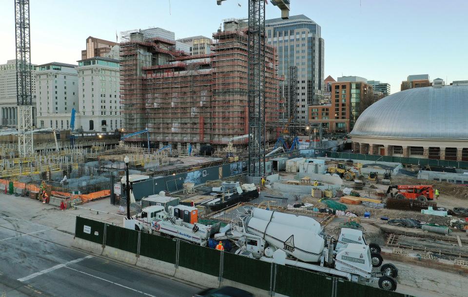 Concrete is poured at the Salt Lake Utah Temple of The Church of Jesus Christ of Latter-day Saints.