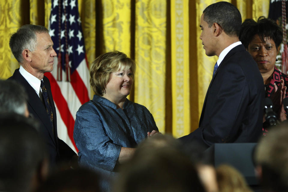 FILE - In this Oct. 28, 2009 file photo, President Barack Obama, greets the parents of Matthew Shepard, Dennis and Judy, during a White House reception commemorating the enactment of the Matthew Shepard and James Byrd Jr. Hate Crimes Prevention Act in Washington. Twenty years after Matthew Shepard's death, the federal hate crimes law bearing his name is viewed with mixed feelings by LGBT and anti-violence organizations that lobbied over nearly a decade for its passage. (AP Photo/Manuel Balce Ceneta, File)