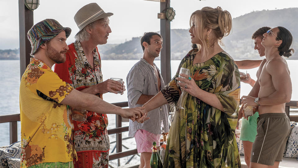 Jennifer Coolidge’s always artfully dressed Tanya mingles with her new friends in Sicily.