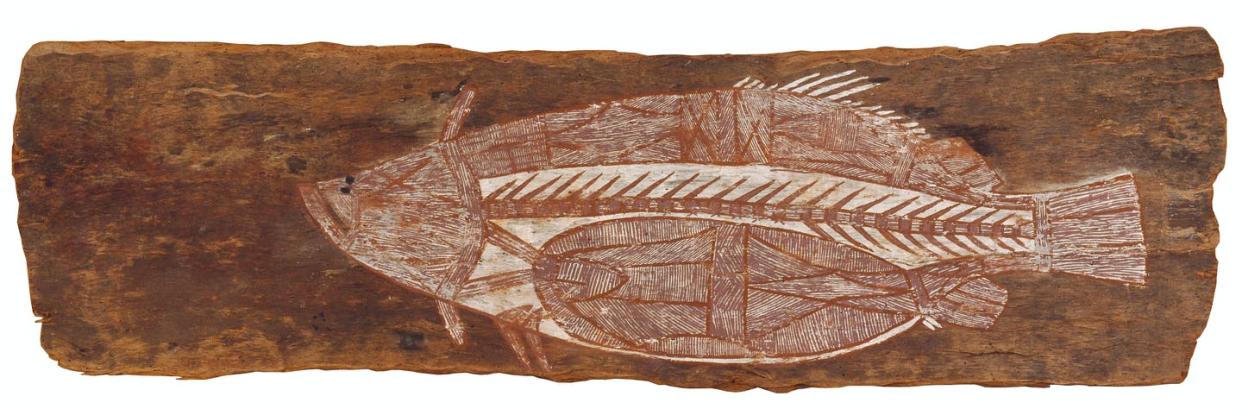 <span class="caption">The bark painting depicting a barramundi that Namadbara created for Spencer at Oenpelli in 1912 and that he identified in the interview with Lance Bennett in 1967, now in Museums Victoria Spencer/Cahill Collection (object X 19909).</span>