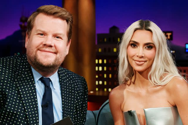 <p>Terence Patrick/CBS via Getty</p> James Corden and Kim Kardashian