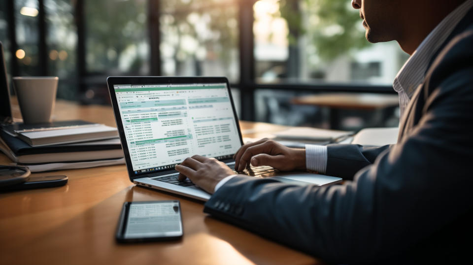 A professional tax preparer, using a laptop to complete an income tax return.