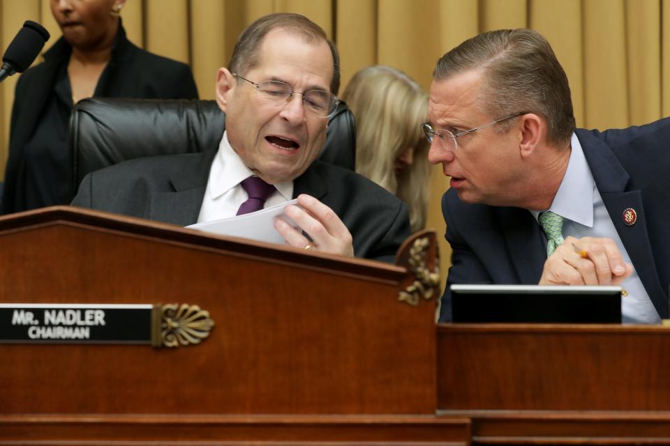 House Judiciary Chairman Jerrold Nadler (D-N.Y.) (L) talks with ranking member Rep. Doug Collins (R-Georgia) before a hearing about the Mueller Reporter in the Rayburn House Office Building on Capitol Hill June 10, 2019, in Washington, D.C.