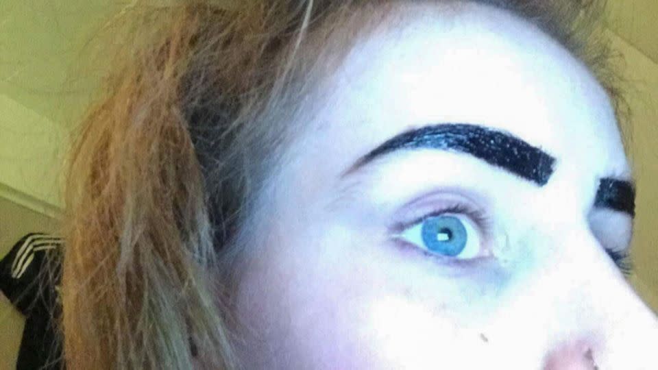 The 19-year-old waitress decided to switch from a $23 eyebrow product to Tint My Brows Peel Off Gel to save cash and in the hope of achieving the same arched brow. Photo: Caters News
