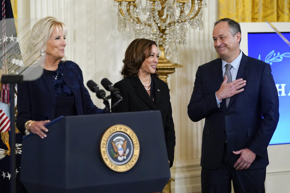 Vice President Kamala Harris' husband Doug Emhoff reacts as he and Harris listen to first lady Jill Biden speak during a reception to celebrate the Jewish new year in the East Room of the White House in Washington, Friday, Sept. 30, 2022. (AP Photo/Susan Walsh)