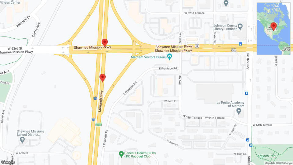 A detailed map that shows the affected road due to 'Broken down vehicle on northbound I-35 in Merriam' on December 15th at 5:39 p.m.