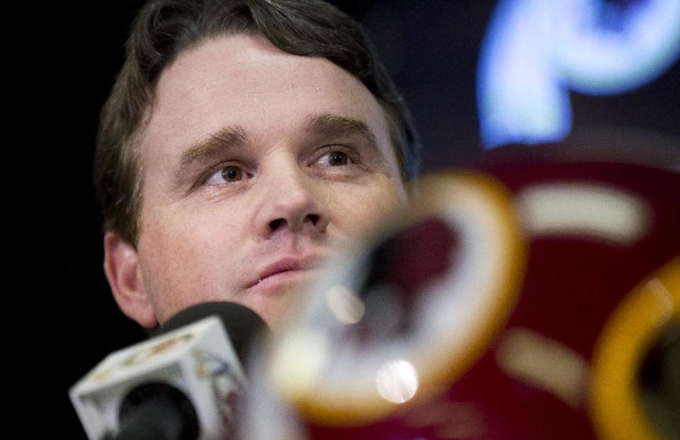 New Washington Redskins head coach Jay Gruden, attends a news conference at the Redskins Park in Ashburn, Va., Thursday, Jan. 9, 2014. Jay Gruden was introduced as the new Washington Redskins head coach, replacing Mike Shanahan and becoming the team’s eighth head coach since Daniel Snyder purchased the franchise in 1999. (AP Photo/Manuel Balce Ceneta)