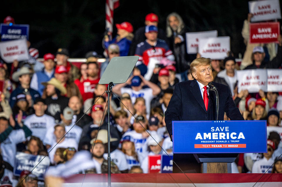 Former President Donald Trump pauses while speaking during the 'Save America' rally at the Montgomery County Fairgrounds on Jan. 29, 2022 in Conroe, Texas. (Brandon Bell / Getty Images file)