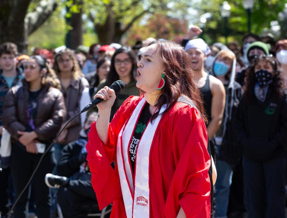 Professor Kaleigh Bronson speaks during a pro-Palestinian rally at the University of Oregon campus.