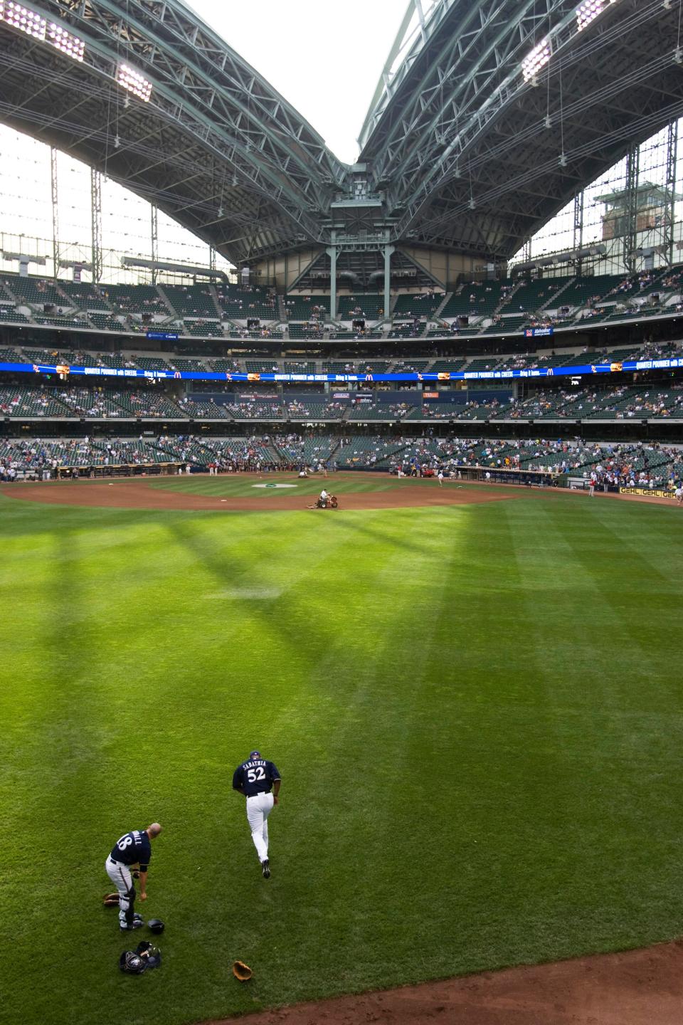 Brewers Pitcher CC Sabathia warms up before the game July 8, 2008.