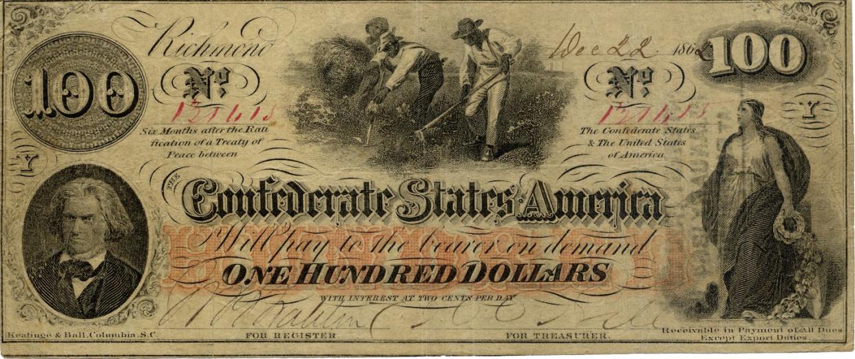 Confederate currency had images of enslaved people, historical figures and mythical deities. <a href="https://www.flickr.com/photos/elycefeliz/6691305563" rel="nofollow noopener" target="_blank" data-ylk="slk:elycefeliz/Flickr;elm:context_link;itc:0;sec:content-canvas" class="link ">elycefeliz/Flickr</a>, <a href="http://creativecommons.org/licenses/by-nd/4.0/" rel="nofollow noopener" target="_blank" data-ylk="slk:CC BY-ND;elm:context_link;itc:0;sec:content-canvas" class="link ">CC BY-ND</a>