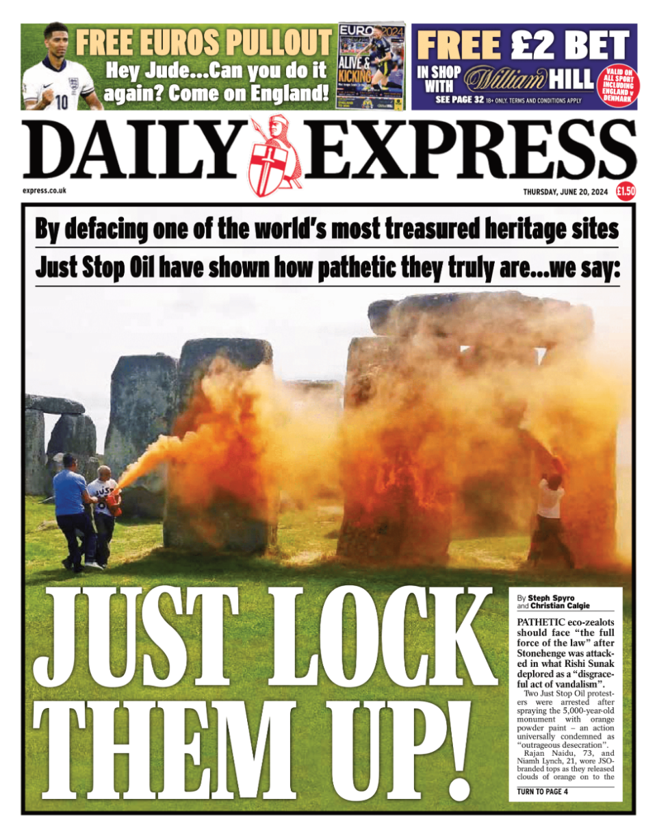 The front page of the Daily Express, whose headline reads "Just lock them up!"