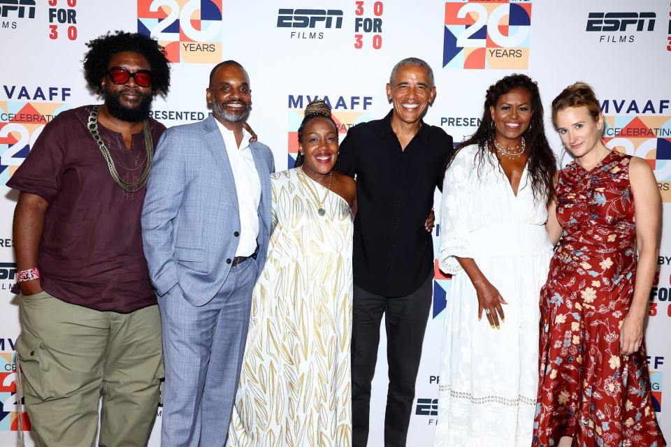 <p>Questlove, Floyd Rance, Stephanie T. Rance, Barack Obama, Michelle Obama and Margaret Brown attend the premiere of Netflix's <em>Descendant</em> during the Martha's Vineyard African-American Film Festival at the Harbor View Hotel on Aug. 5 in Edgartown, Massachusetts.</p>