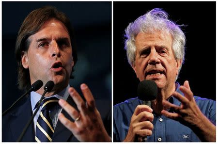 A combination photo shows Uruguayan National Party presidential candidate Luis Lacalle Pou presenting his government plan in Montevideo September 15, 2014 (L) and presidential candidate for the ruling party Frente Amplio, Tabare Vazquez, making a speech during the final rally of his campaign in Montevideo October 23, 2014. REUTERS/Andres Stapff