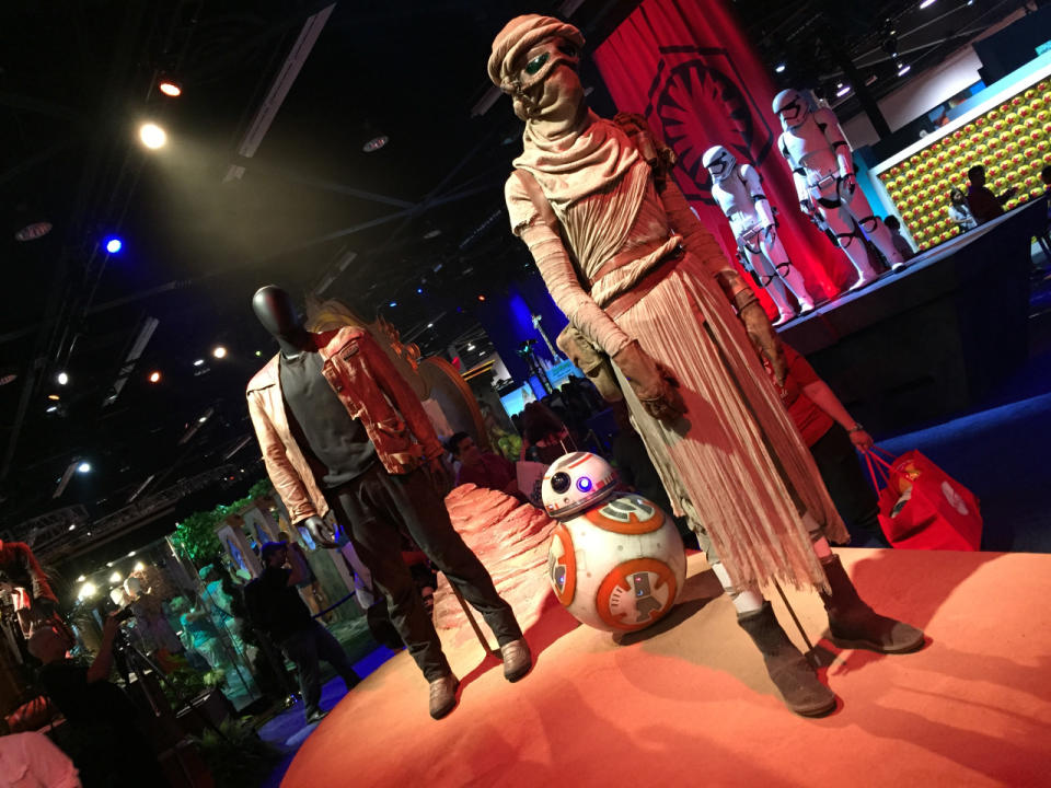 But it’s not all ‘Force Awakens’ bad guys at D23. A trio of the film’s heroes — erstwhile trooper Finn, plucky desert scavenger Rey, and the scene-stealing animatronic droid BB-8 — merit their own display.
