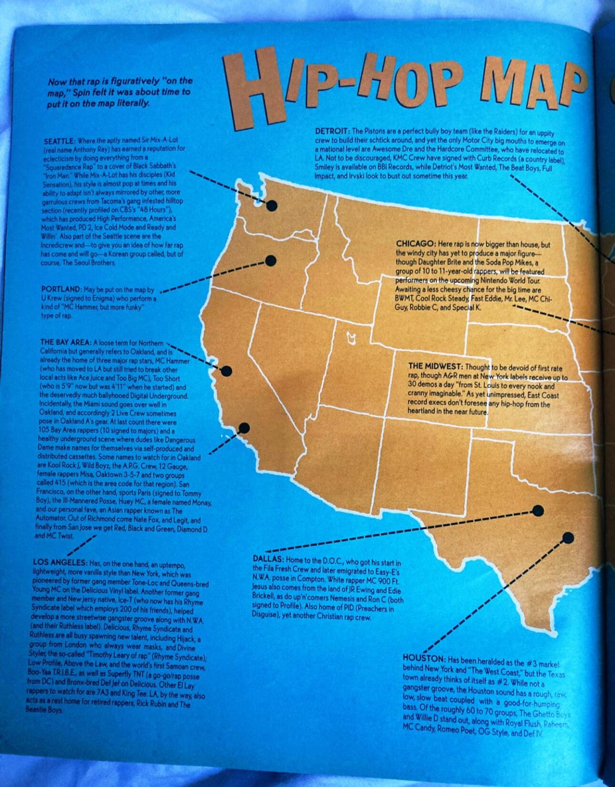 The westward half of SPIN’s 1990 hip-hop map.