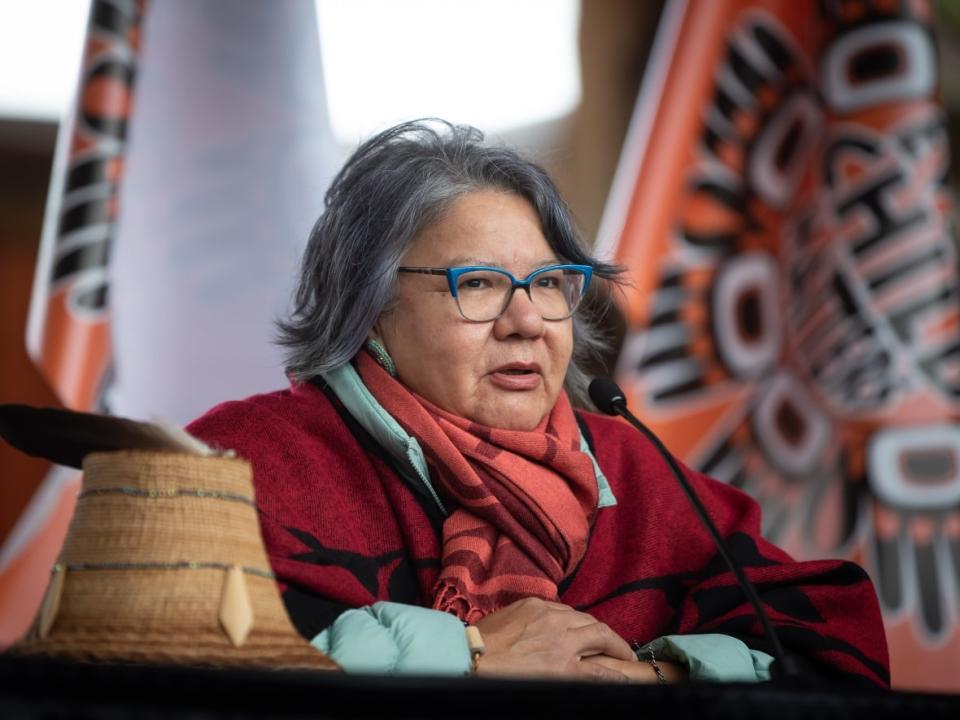 Assembly of First Nations (AFN) National Chief RoseAnne Archibald speaks during a news conference in Kamloops, B.C. on Sept. 30, 2021. Archibald says the Queen should apologize for the Crown's 'failure to fulfill its treaty agreements' with Indigenous peoples. (Darryl Dyck/The Canadian Press - image credit)