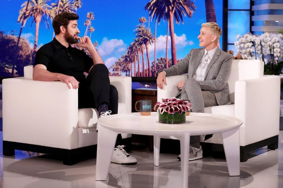 John Krasinski (L) and Ellen DeGeneres | Michael Rozman/Warner Bros.