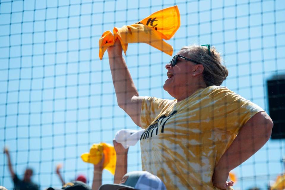 A Southern Miss fan cheers during the Super Regionals Final at Pete Taylor Park in Hattiesburg on Sunday, June 12, 2022.