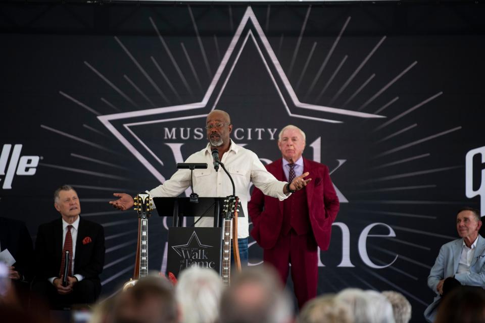 Darius Rucker talks to the public about his life during the Music City Walk of Fame Induction Ceremony in Nashville, Tenn., Wednesday, Oct. 4, 2023.