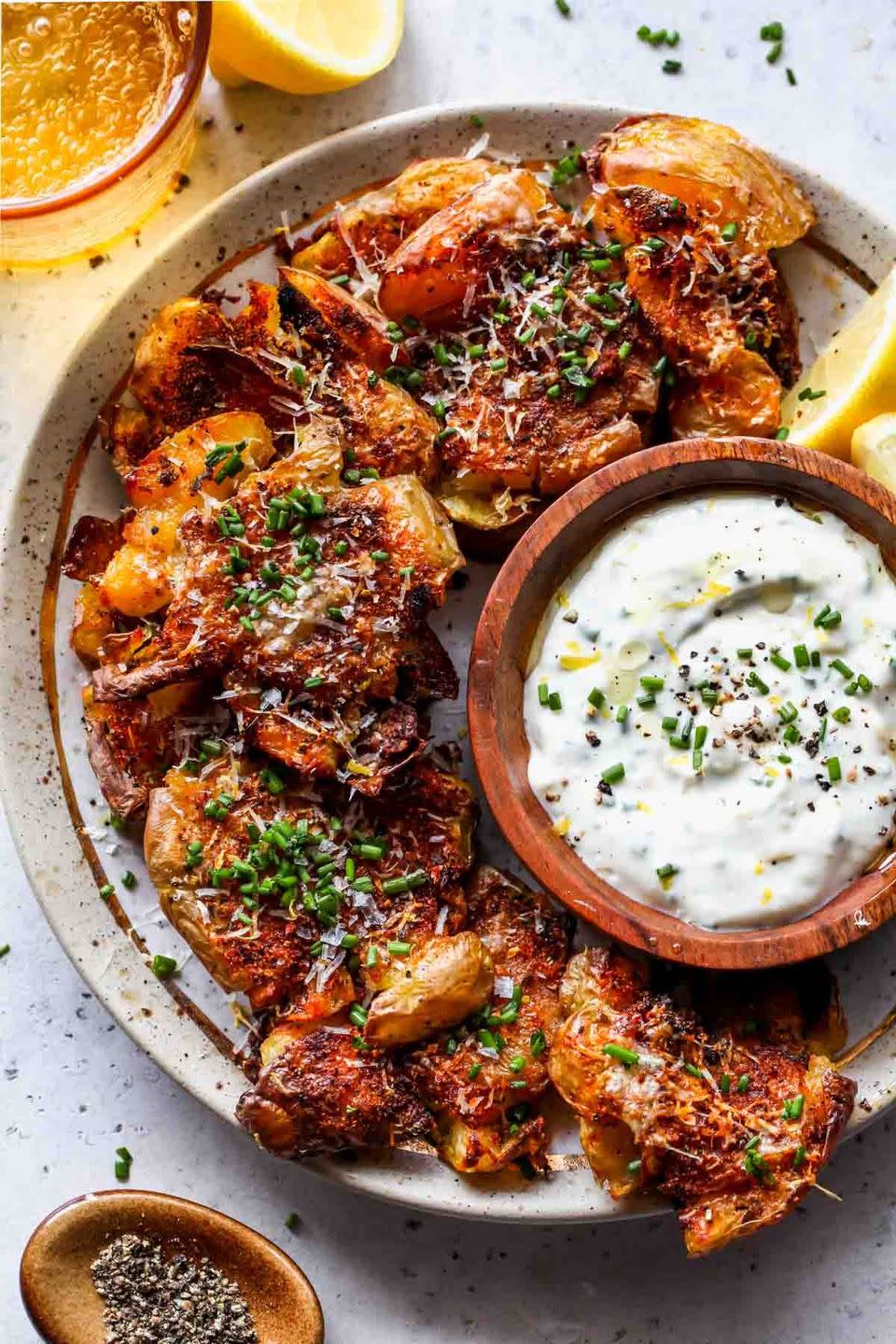 Paprika-Parmesan Smashed Potatoes with Garlic Aioli