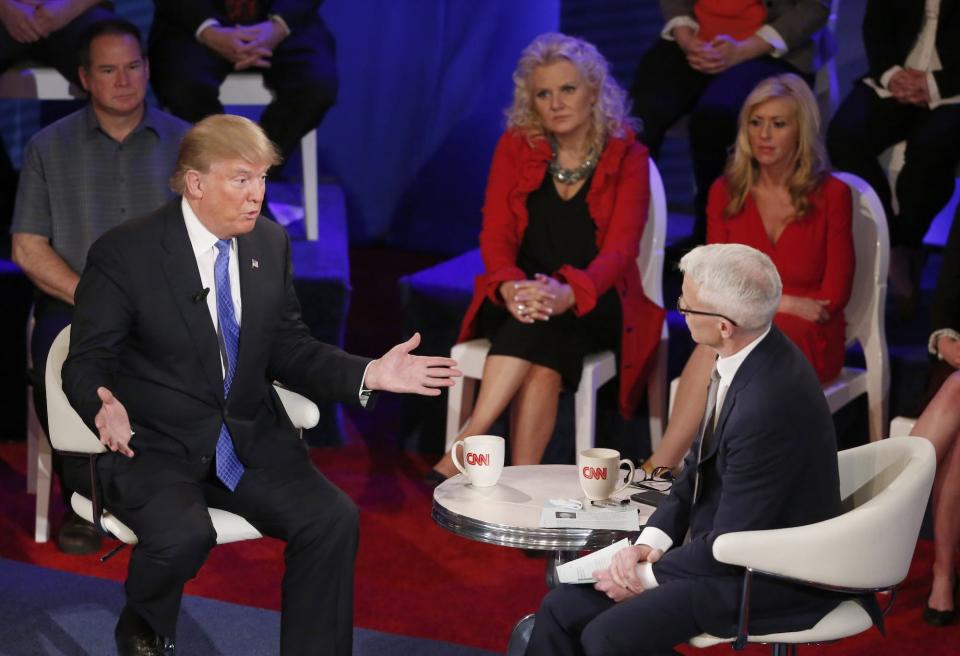 Republican presidential candidate, Donald Trump participates in a CNN town hall with Anderson Cooper in the historic Riverside Theatre, Tuesday, March 29, 2016, in Milwaukee.