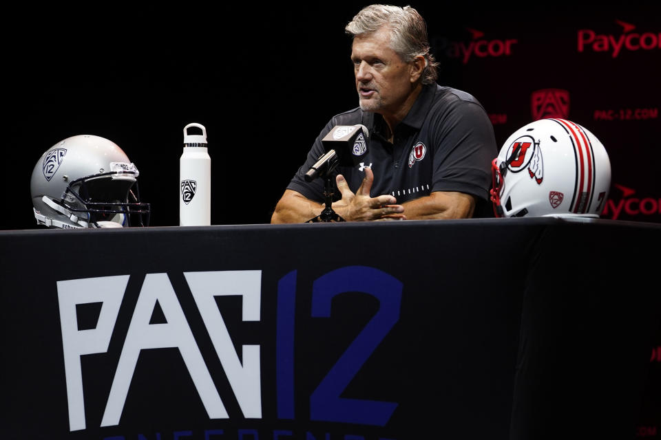 Utah head coach Kyle Whittingham speaks during Pac-12 Conference men's NCAA college football media day Friday, July 29, 2022, in Los Angeles. (AP Photo/Damian Dovarganes)
