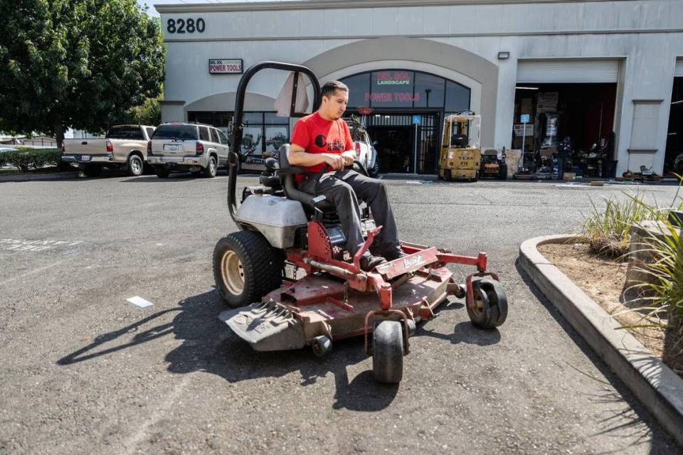 José Alonso, a technician with Del Sol Landscape Power Tools in Sacramento, tests a recently repaired gas-powered riding lawn mower in August Riding mowers are among the gas-powered landscaping equipment that would be affected by California’s ban on new sales, which starts in 2024.