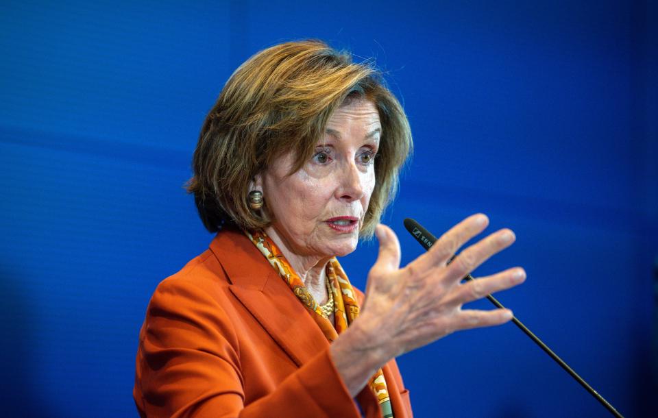 Nancy Pelosi, Speaker of the U.S. House of Representatives, participates in the press conference following the meeting of the parliamentary presidents of the G7 countries and the European Union in the Bundestag in Berlin, Friday, Sept 16, 2022. (Michael Kappeler/dpa via AP)