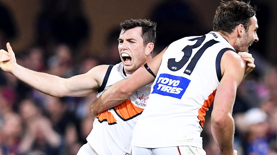 Brent Daniels of the Giants celebrates kicking a goal during the AFL Semi Final match between the Brisbane Lions and the Greater Western Sydney Giants at The Gabba on September 14, 2019 in Brisbane, Australia. (Photo by Bradley Kanaris/Getty Images)