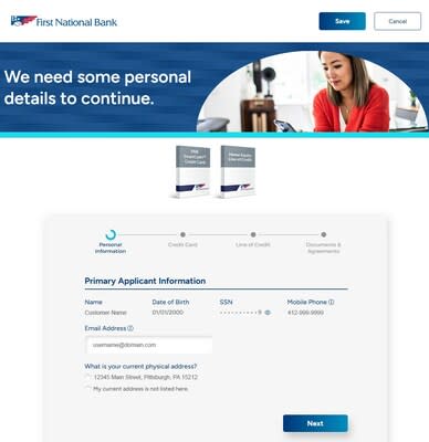 The FNB eStore® Common app page where customers review their pre-filled personal information.