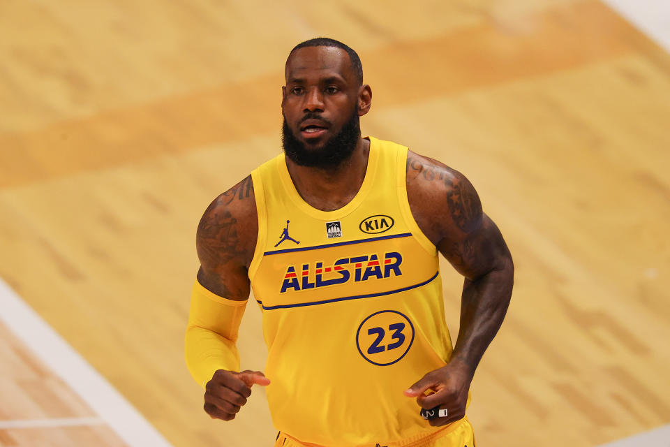 LeBron James competes at the 2021 NBA All-Star Game. His team has never lost the All-Star Game since the format switched to captains choosing teams. (Kevin C. Cox/Getty Images)