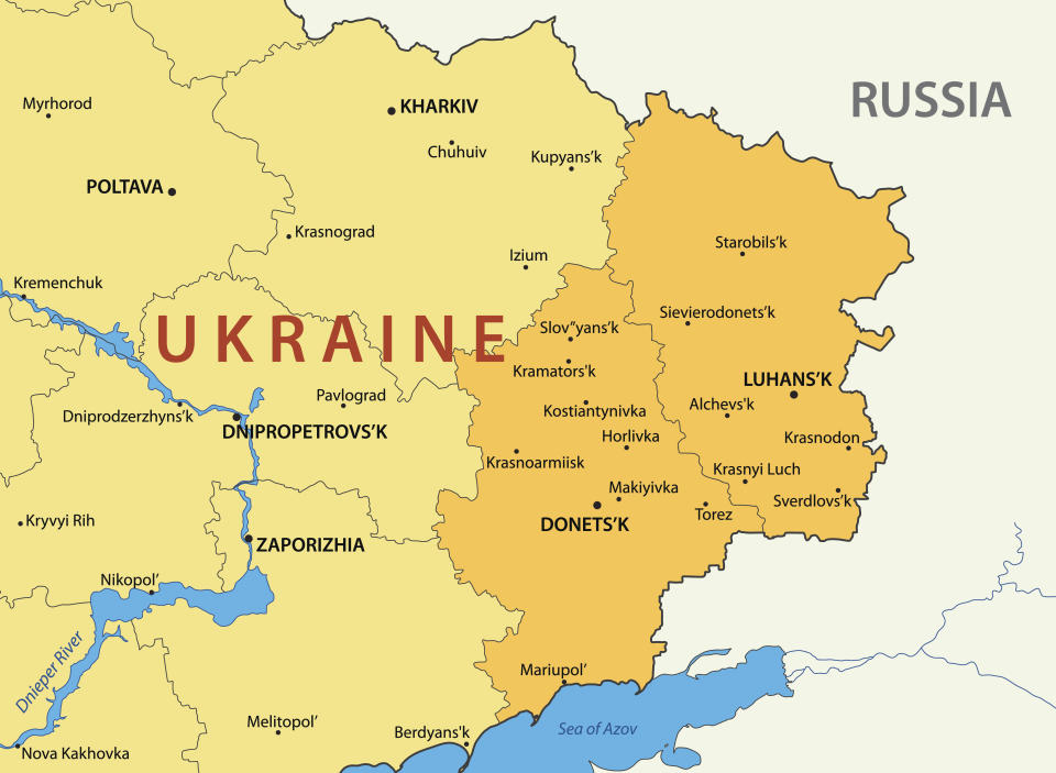 A map shows the Donetsk and Luhansk provinces of eastern Ukraine's Donbas region. / Credit: Getty/iStockphoto