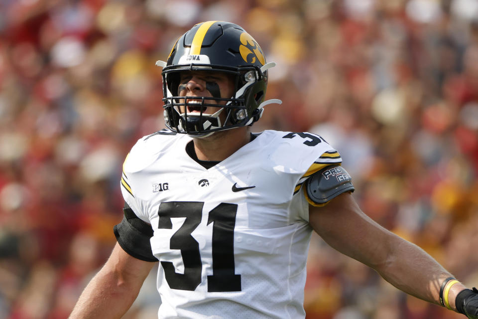 FILE - Iowa's Jack Campbell reacts during an NCAA football game against Iowa State in Ames, Iowa, in this Saturday, Sept. 11, 2021, file photo. Iowa linebacker Jack Campbell has become a one-man wrecking crew. He's the Hawkeyes' leading tackler by far, his scoop and score broke open the Hawkeyes' win over Iowa State, and his fumble recovery set up the tying touchdown in a come-from-behind win over Colorado State. (AP Photo/Justin Hayworth, File)