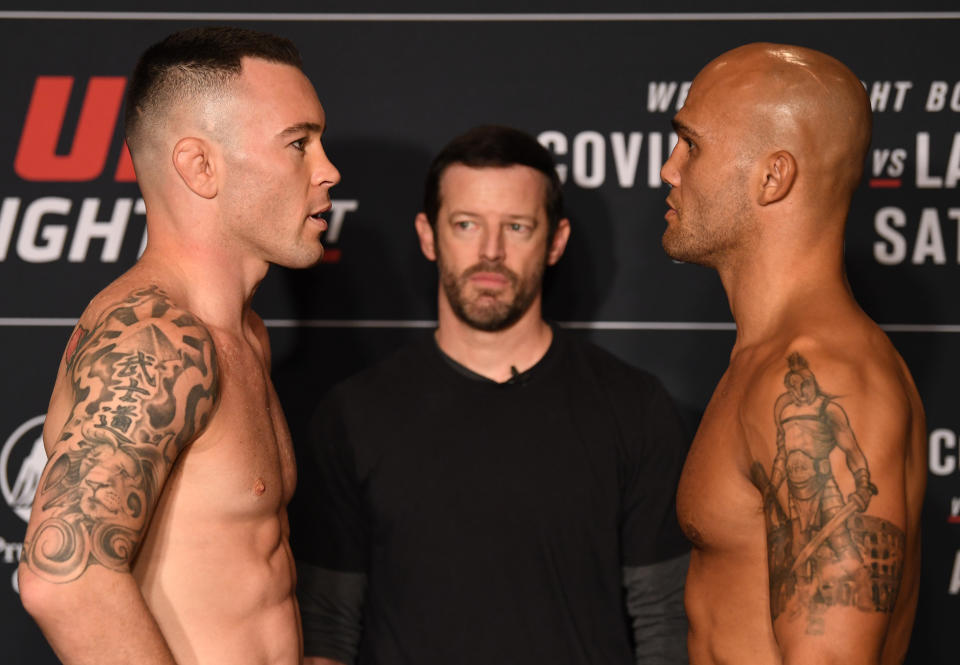 NEWARK, NEW JERSEY - AUGUST 02:  (L-R) Opponents Colby Covington and Robbie Lawler face off during the UFC Fight Night official weigh-in at the DoubleTree Hotel on August 02, 2019 in Newark, New Jersey. (Photo by Josh Hedges/Zuffa LLC/Zuffa LLC)